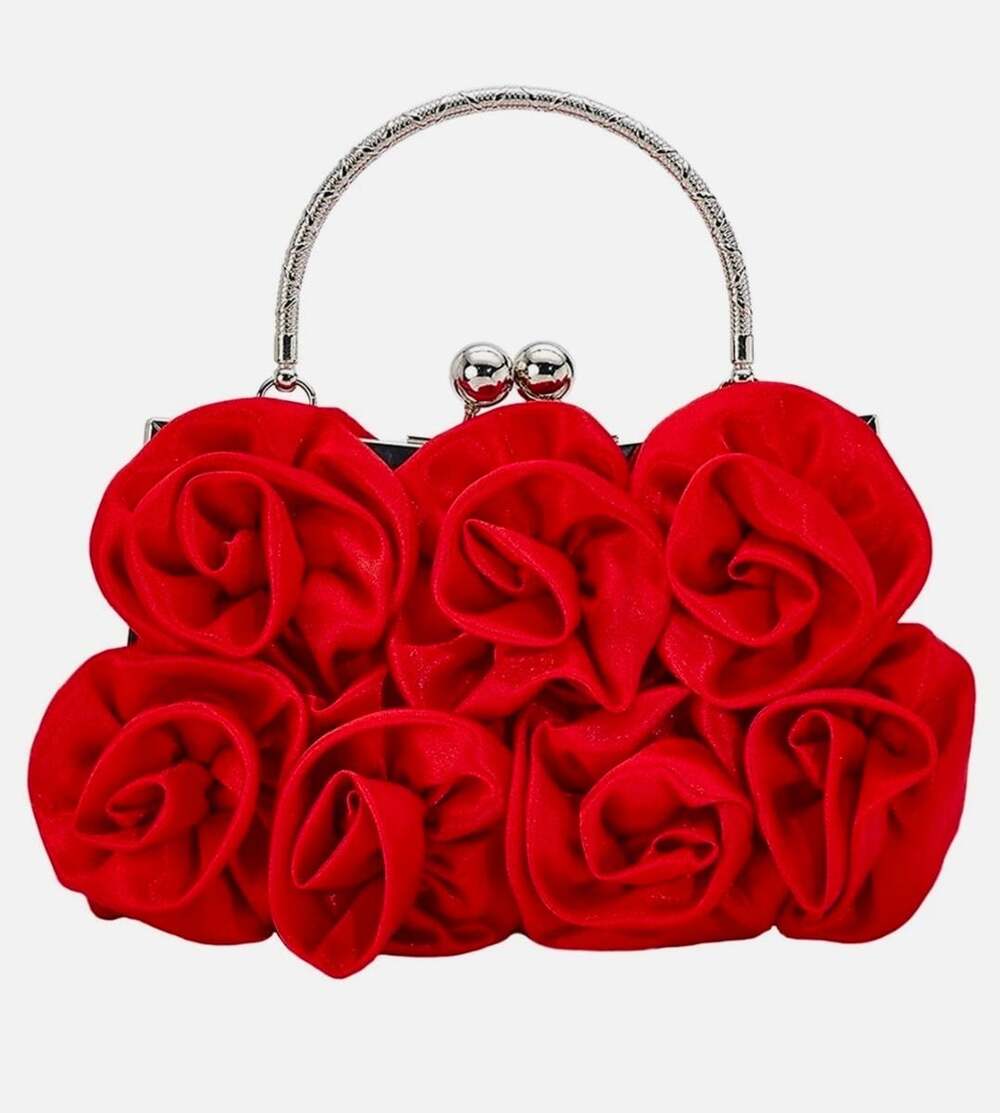 MEGAUK Rose Satin Evening Handbag Red Floral Clutch Bag